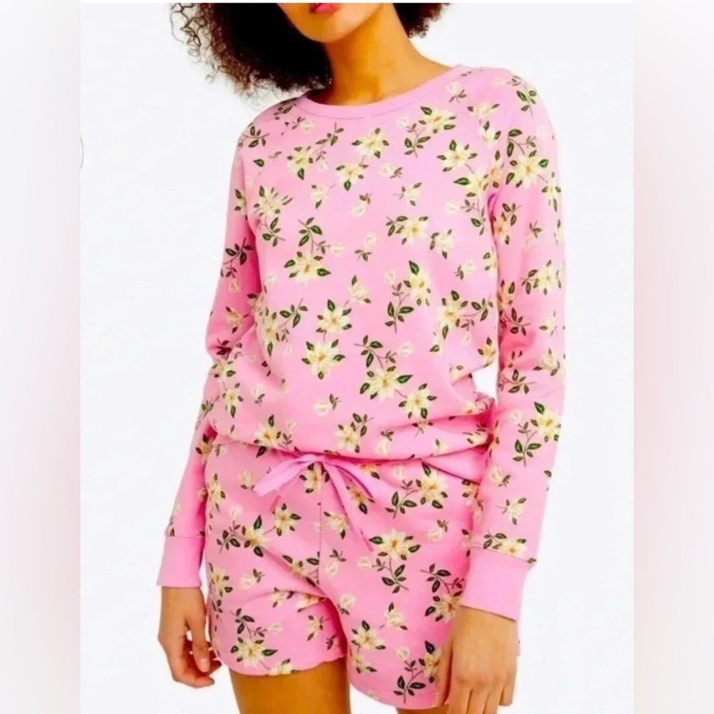 DraperJames Pink Magnolia sweatshirt and short set.